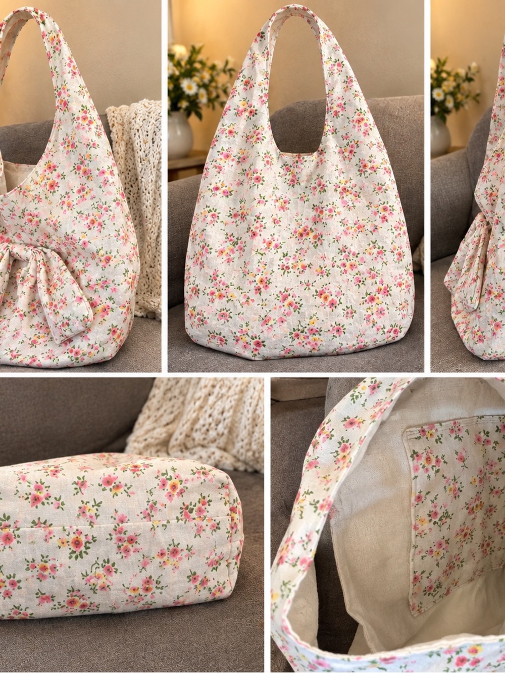 Floral Canvas Shoulder Bag in Pink - Lightweight Everyday Tote